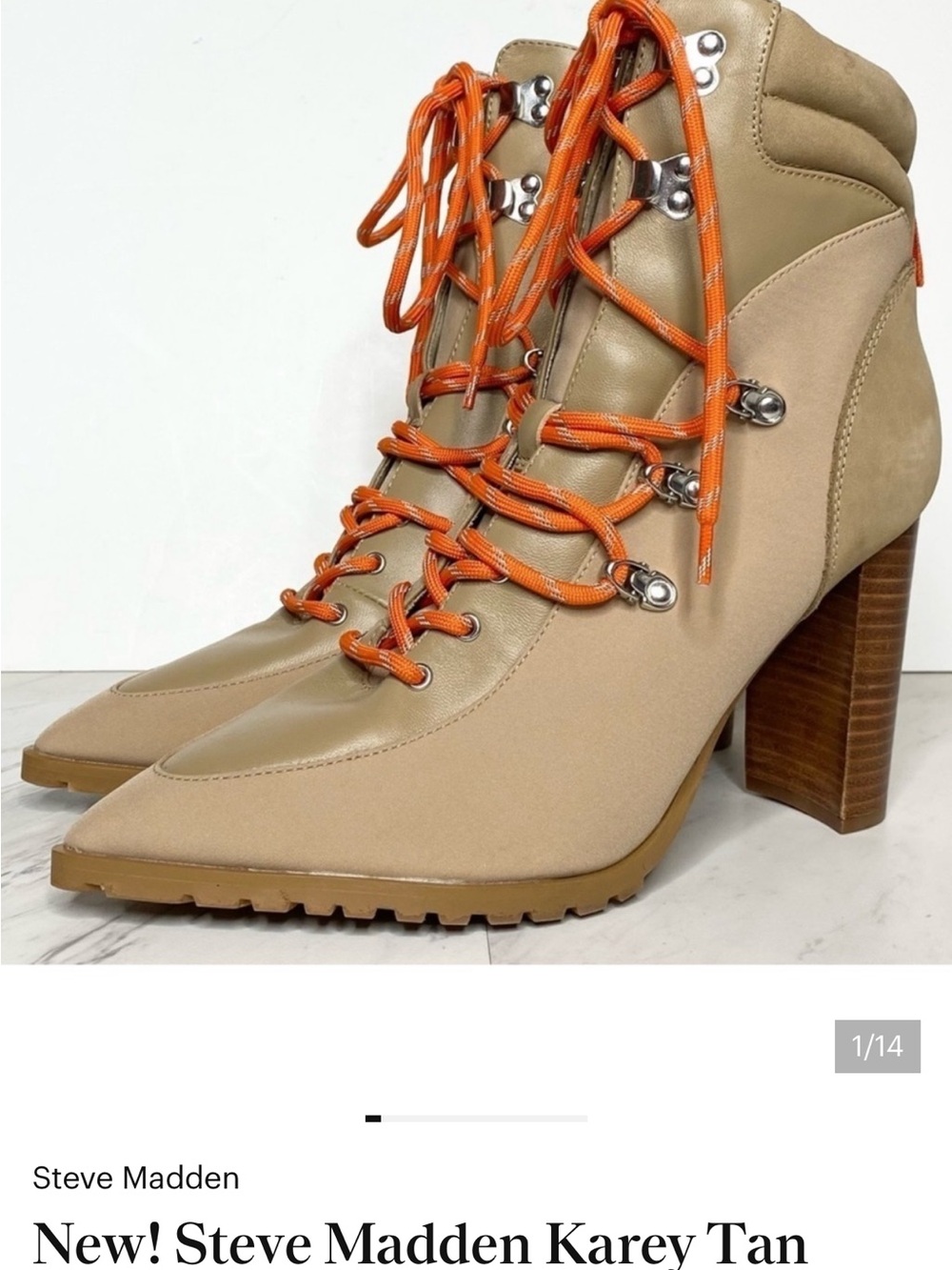 Nordstrom Tan Lace-Up Block Heel Boots with Orange Laces